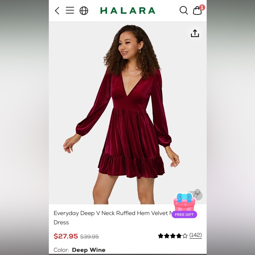 Halara Everyday Deep V Neck Ruffled Hem Velvet Mini Chill Dress